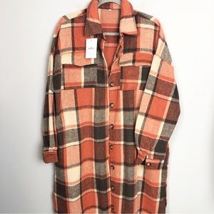 OMOONE | NEW Plaid Flannel Look Duster Shacket Orange Brown Tan Women’s Size L